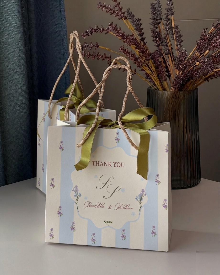 Thank-you favour bags with olive ribbon