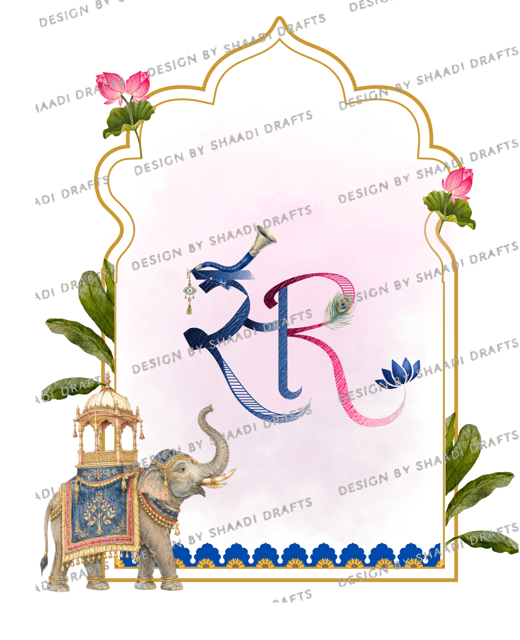 Illustrated couple monogram — TR inside a Mughal arch with a peacock, palms and an elephant