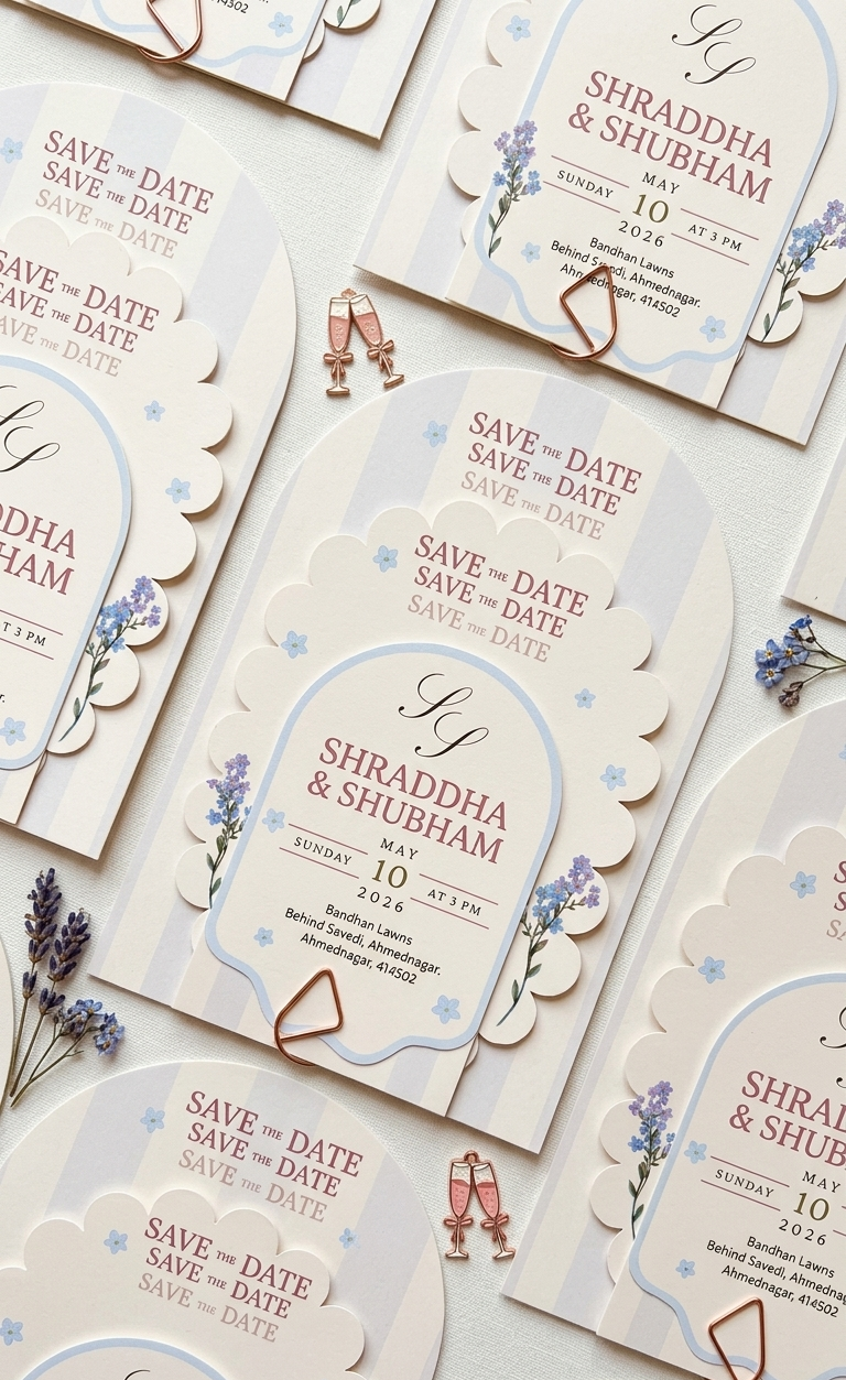 Scalloped save-the-date cards with lavender florals